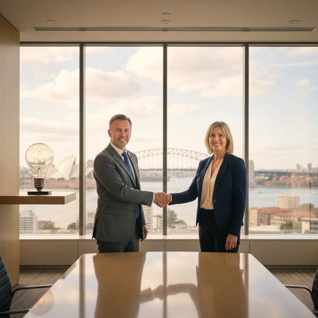 A photorealistic image of two professional adults in a modern Australian office, shaking hands over a business deal, symbolizing the transfer of intellectual property rights. In the background, subtle elements like a light bulb for ideas and Australian landmarks such as the Sydney Opera House visible through a window, representing innovation and local context. No children or legal documents visible.
