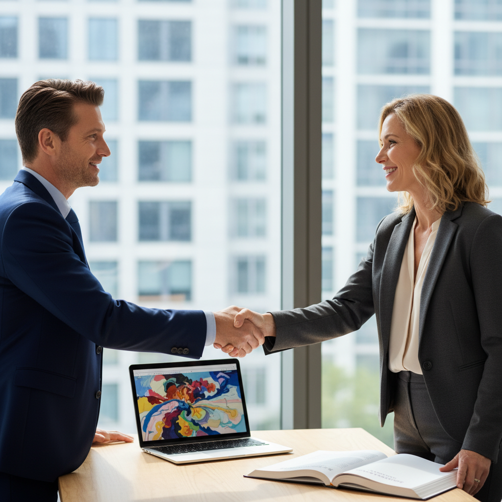 A photorealistic image of two professional adults in a modern office setting, shaking hands over a creative project like a book or digital artwork on a table, symbolizing the transfer of copyright rights in a collaborative business agreement. The atmosphere is professional and positive, with natural lighting and detailed realistic textures. No children are present in the image.