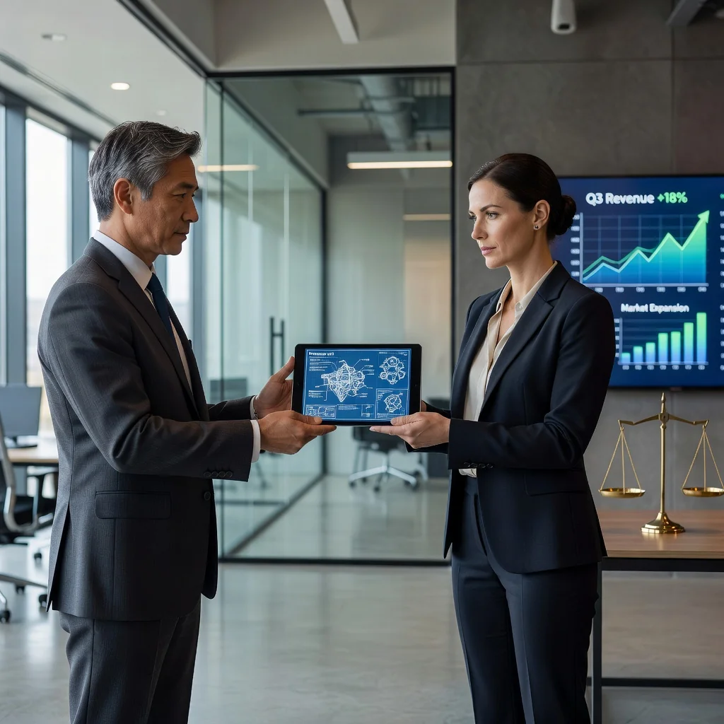 A photorealistic hero image representing the advantages and risks in transferring intellectual property rights, depicted as a professional business meeting between two adults in a modern office, one handing over a symbolic digital blueprint or innovative product design on a tablet, with elements of opportunity like growth charts in the background and subtle caution symbols like a balance scale, no children, no legal documents visible.