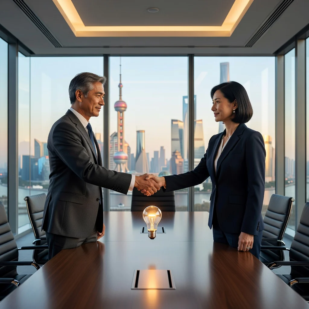 A photorealistic image depicting a professional business meeting between two adults in a modern office, where one is handing over a symbolic key or innovative product prototype to the other, representing the transfer of intellectual property rights in a Chinese business context. The scene conveys trust, innovation, and legal agreement without showing any documents. No children are present.
