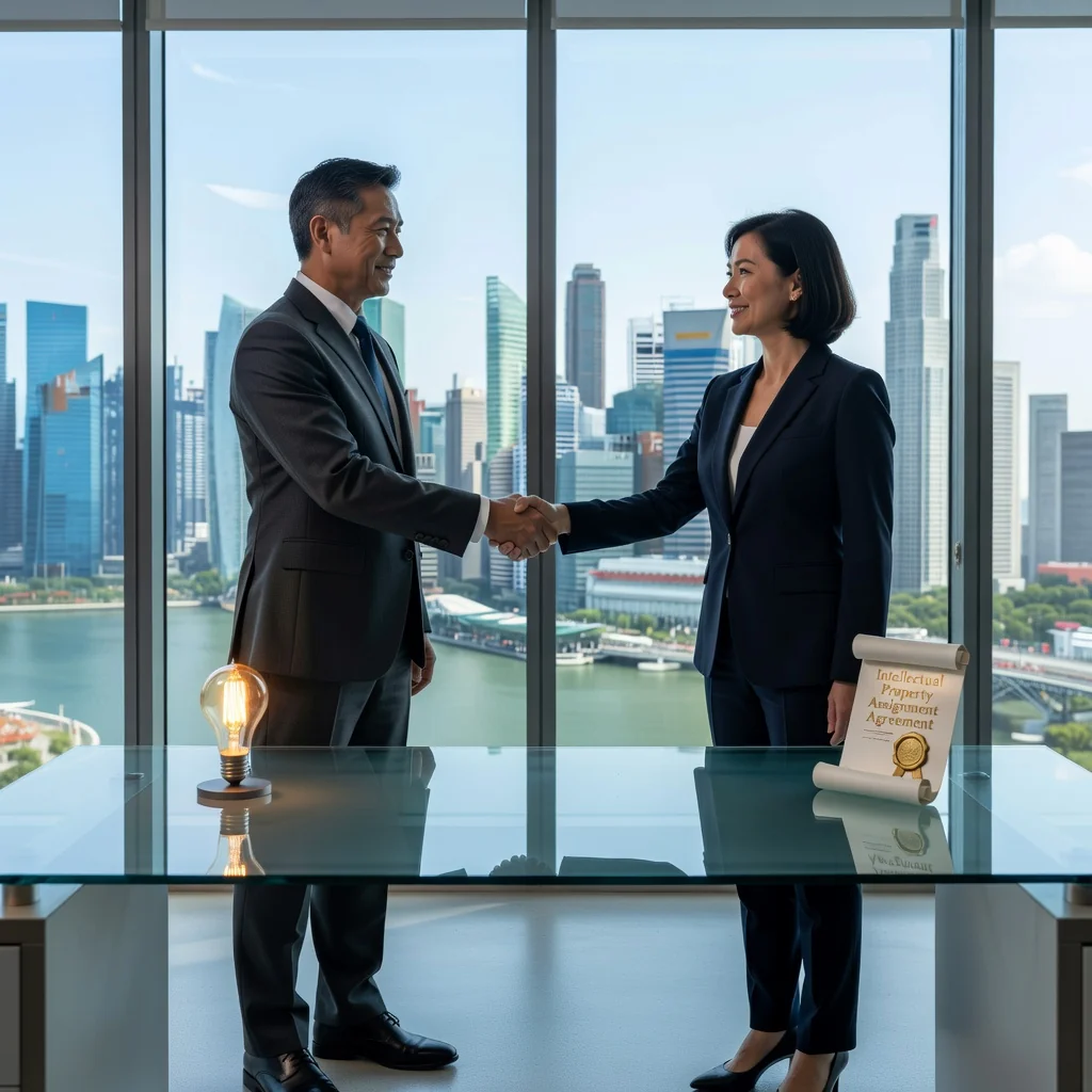 A photorealistic image of two professional adults in a modern Singapore office, shaking hands over a desk with subtle intellectual property symbols like a lightbulb or patent icon in the background, representing the assignment of intellectual property in a business context. The scene conveys trust, agreement, and innovation without focusing on legal documents. No children are present.