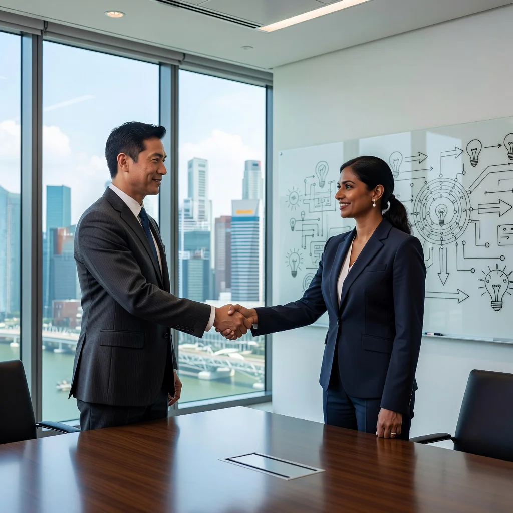 A photorealistic image depicting a professional business meeting in a modern Singapore office, where two adults are shaking hands over a conference table, symbolizing the agreement and transfer of intellectual property rights. The scene includes elements of innovation like a whiteboard with abstract tech sketches in the background, overlooking the Singapore skyline through large windows, conveying trust, partnership, and legal commitment without showing any documents.