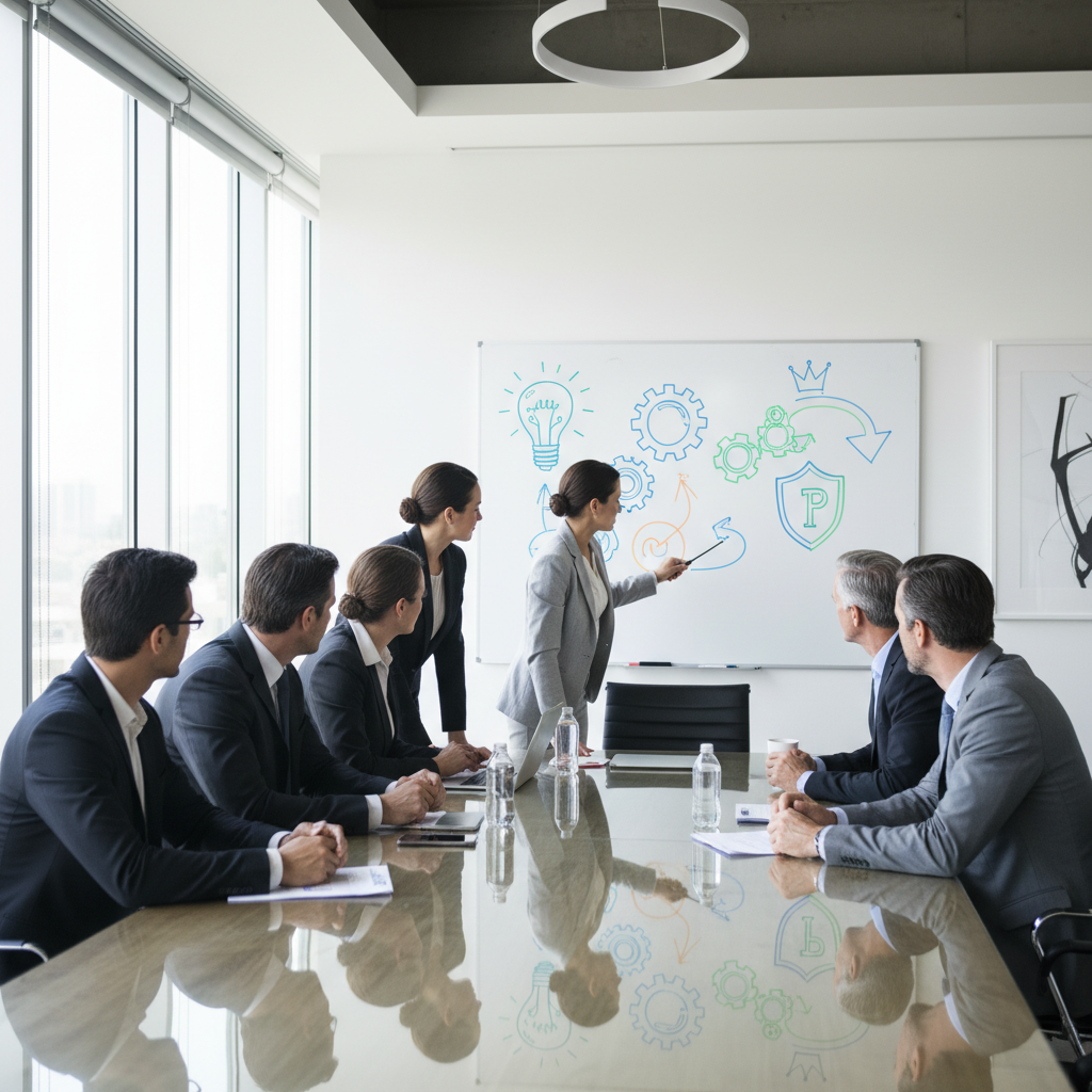 A professional business meeting in a modern conference room where diverse adults are discussing intellectual property ideas, with a whiteboard showing abstract innovation concepts like lightbulbs and gears, symbolizing the importance of correct IP assignments in a corporate setting, photorealistic style.
