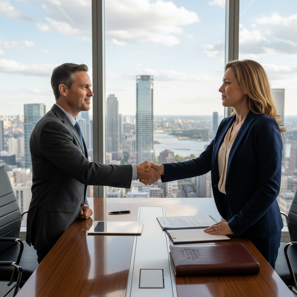 A photorealistic image of two professional adults in a modern office, shaking hands over a business deal involving intellectual property transfer, symbolizing the agreement on alienating exclusive rights, with no children or legal documents visible.