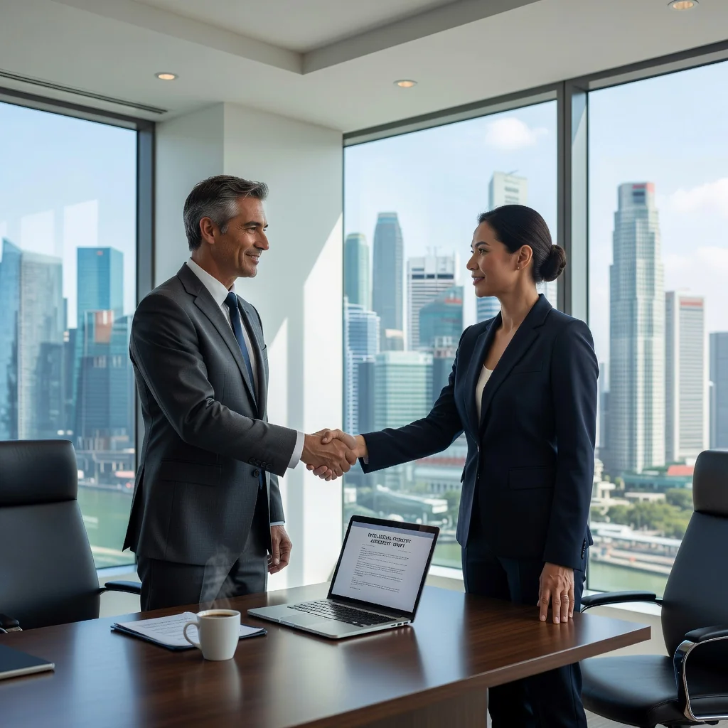 A photorealistic image of two professional adults in a modern Singapore office, shaking hands over a desk with a city skyline view, symbolizing the assignment and transfer of intellectual property rights in a business context.