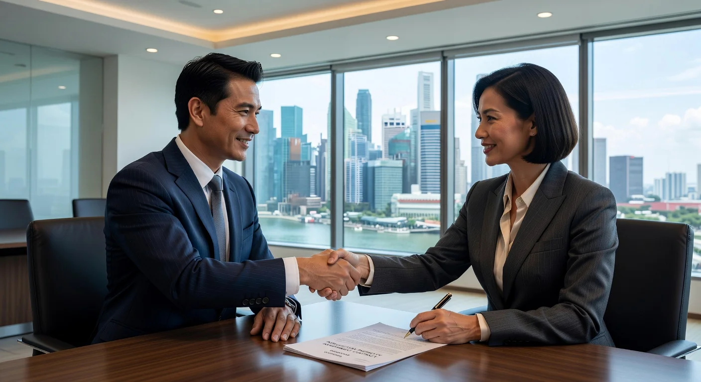 Business professionals signing IP contract.