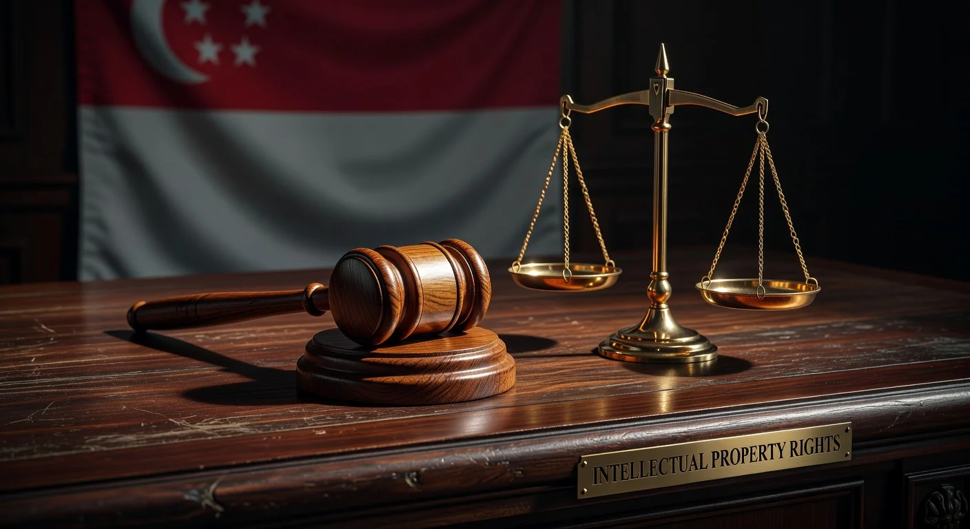 Gavel and scales with Singapore flag.