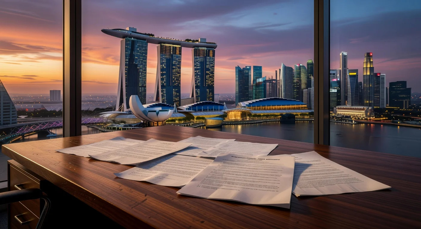 Singapore skyline with legal documents.