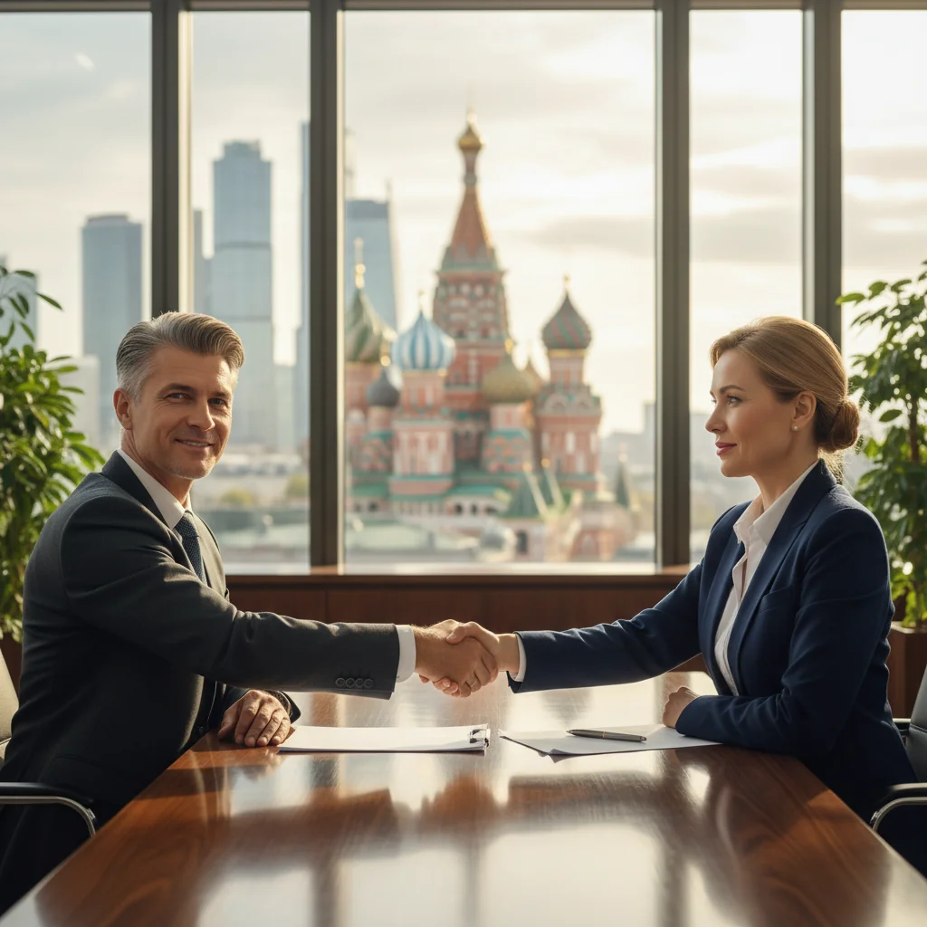 A photorealistic image of two professional adults in a modern office setting, shaking hands over a conference table to symbolize the agreement and transfer of intellectual property rights in Russia, with subtle Russian architectural elements in the background like windows overlooking a cityscape with onion domes, conveying trust, business partnership, and legal formality without showing any documents or text.