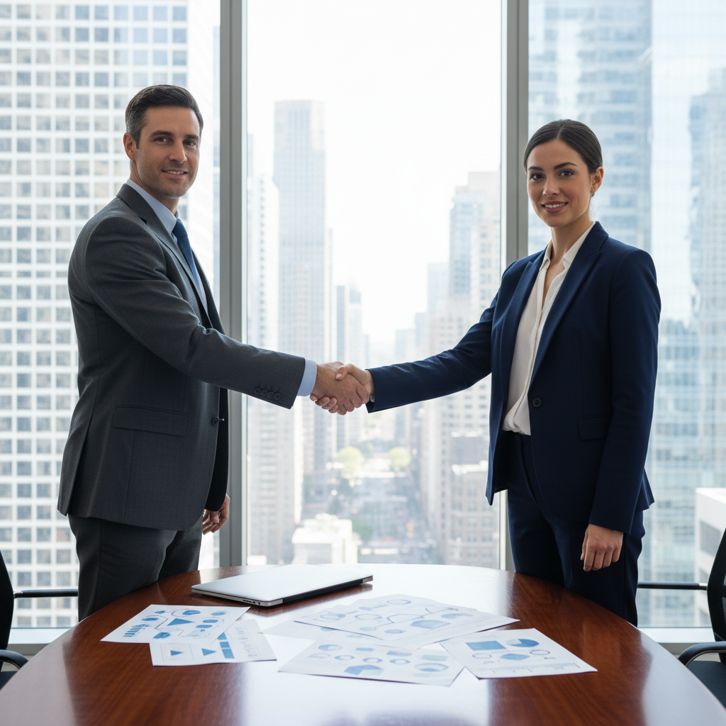 A photorealistic image depicting a professional handshake between two business adults in a modern office environment, symbolizing the transfer of intellectual property rights through an agreement, with subtle elements like a laptop and innovation sketches in the background, conveying trust and collaboration in business.