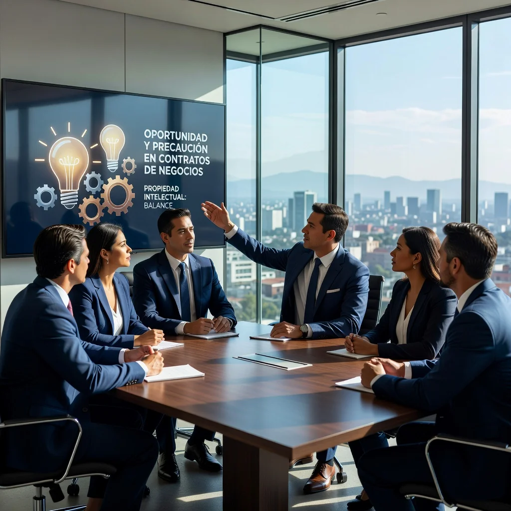 A photorealistic hero image representing the benefits and risks of transferring intellectual property rights through contracts in Mexico, showing a professional adult in a modern Mexican office setting, discussing ideas with a colleague over a tablet, symbolizing innovation and legal agreements, with subtle Mexican cultural elements like a flag or architecture in the background, no children or legal documents visible.