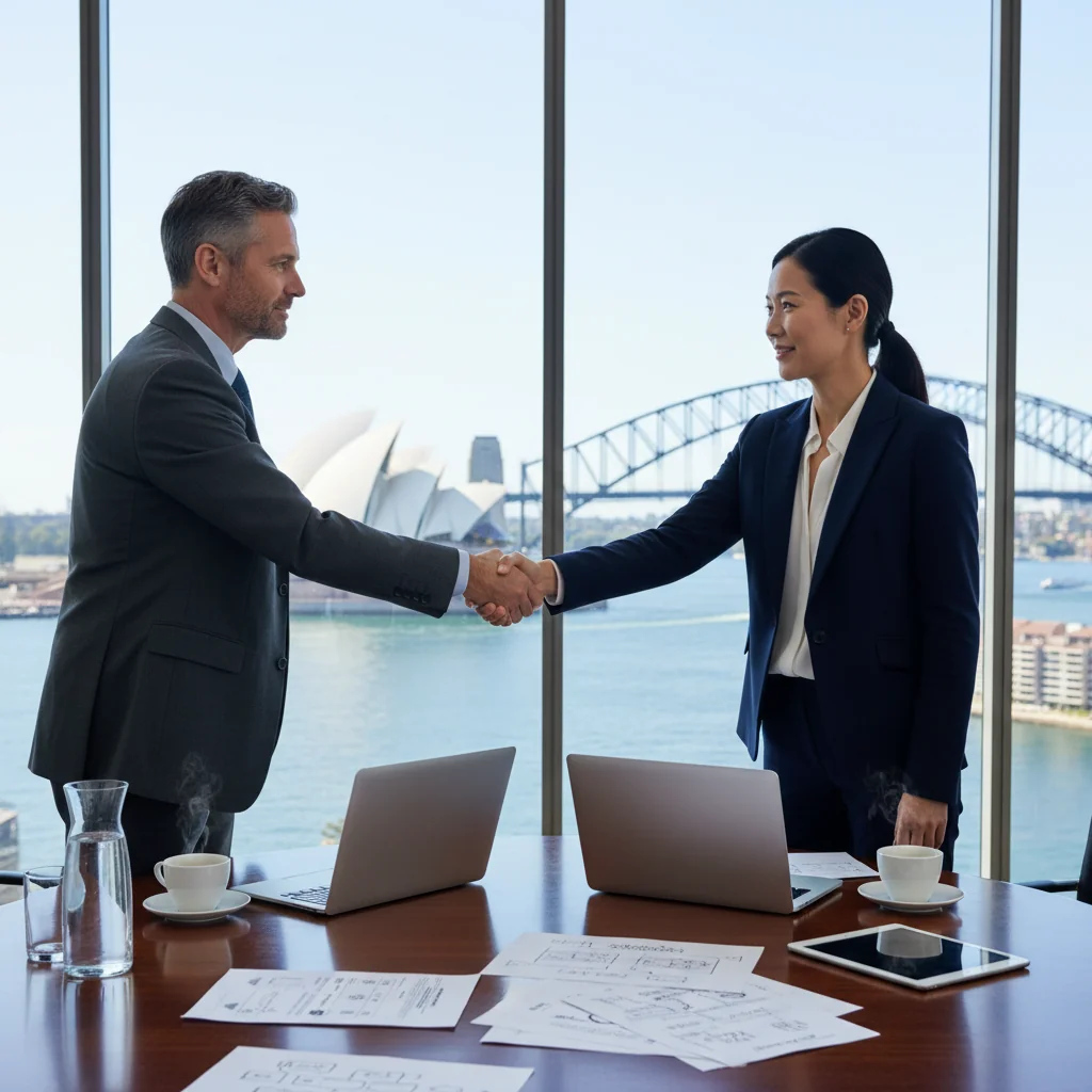 A photorealistic image of two professional adults in a modern Australian office, shaking hands over a conference table with a scenic view of the Sydney Opera House in the background through large windows, symbolizing the agreement and transfer of intellectual property rights in a business context.