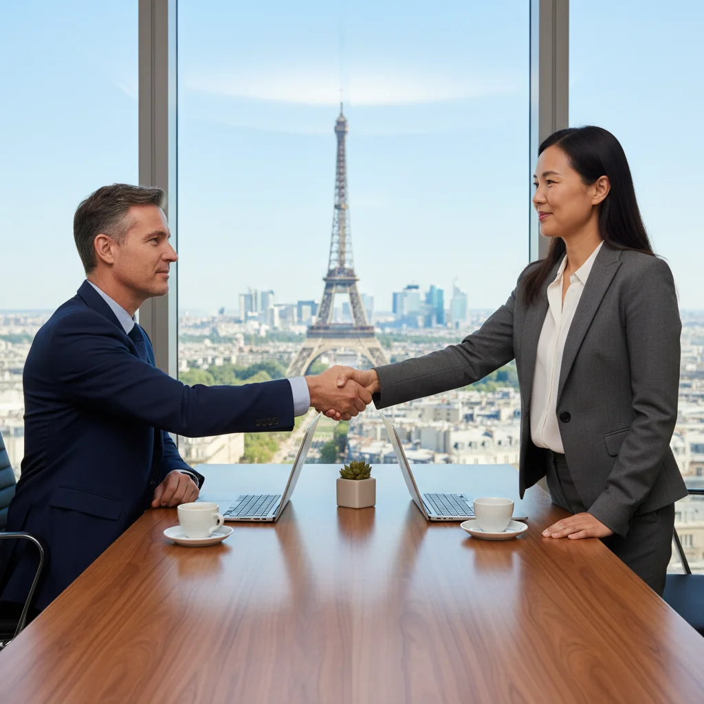 A photorealistic image symbolizing the transfer of intellectual property rights in France, featuring a professional adult shaking hands with another professional over a modern desk in a sleek French office, with subtle French cultural elements like a window view of the Eiffel Tower in the background, conveying trust and agreement without showing any legal documents.