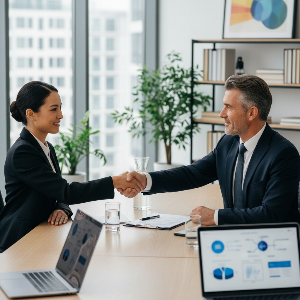 A professional business meeting where two adults are shaking hands over a conference table, symbolizing the agreement and transfer of intellectual property rights in a corporate setting. The atmosphere is formal and confident, with modern office background, emphasizing trust and legal partnership without showing any documents.