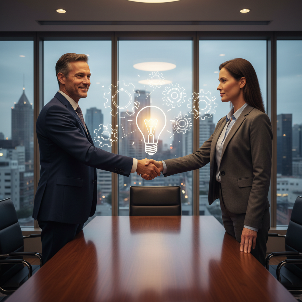A photorealistic image of two professional adults in a modern office setting, shaking hands over a conference table with subtle digital icons representing intellectual property like light bulbs and gears in the background, symbolizing the transfer of intellectual property rights.