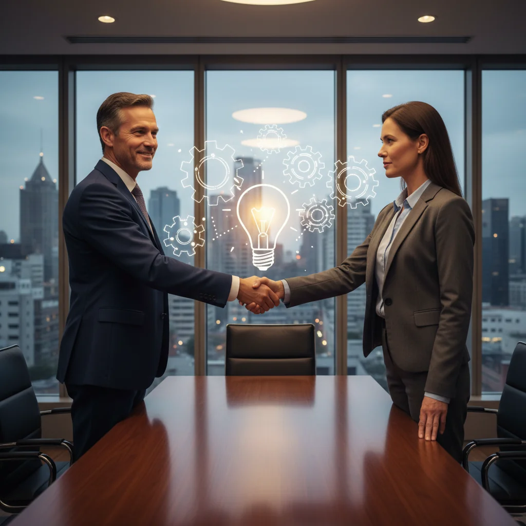 A photorealistic image of two professional adults in a modern office setting, shaking hands over a conference table with subtle digital icons representing intellectual property like light bulbs and gears in the background, symbolizing the transfer of intellectual property rights.