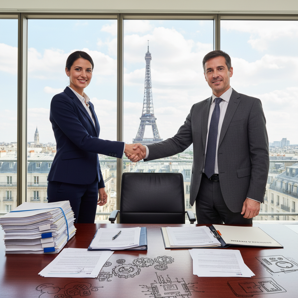 A photorealistic image depicting a professional meeting between two French businesspeople in a modern office in Paris, with the Eiffel Tower visible through the window, symbolizing the transfer of intellectual property rights through a patent assignment, focusing on handshake and discussion over innovation blueprints, no children present.