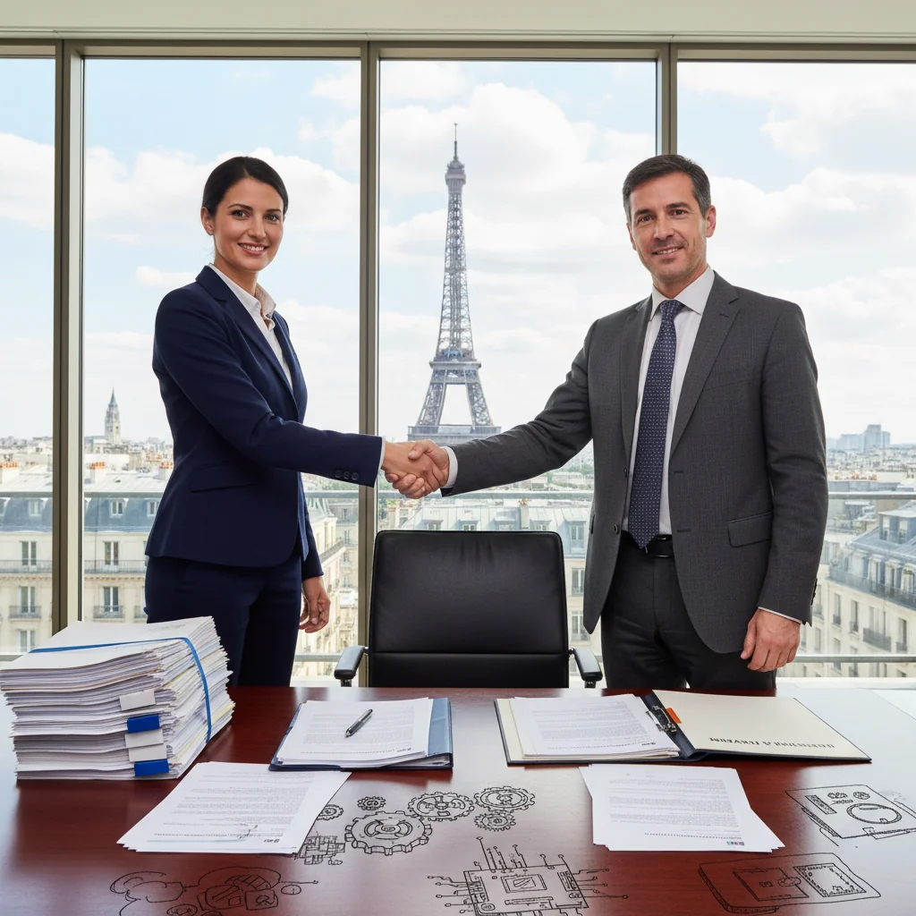 A photorealistic image depicting a professional meeting between two French businesspeople in a modern office in Paris, with the Eiffel Tower visible through the window, symbolizing the transfer of intellectual property rights through a patent assignment, focusing on handshake and discussion over innovation blueprints, no children present.