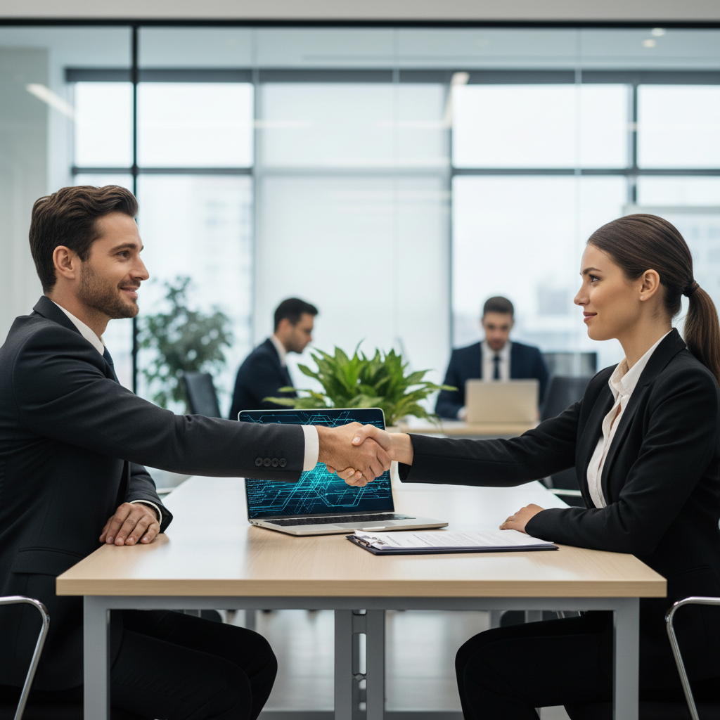 A professional business meeting in a modern office where two adults are shaking hands over a table, symbolizing the successful transfer of intellectual property rights, with subtle elements like a laptop displaying code or a design sketch in the background, conveying agreement and partnership without showing any legal documents.