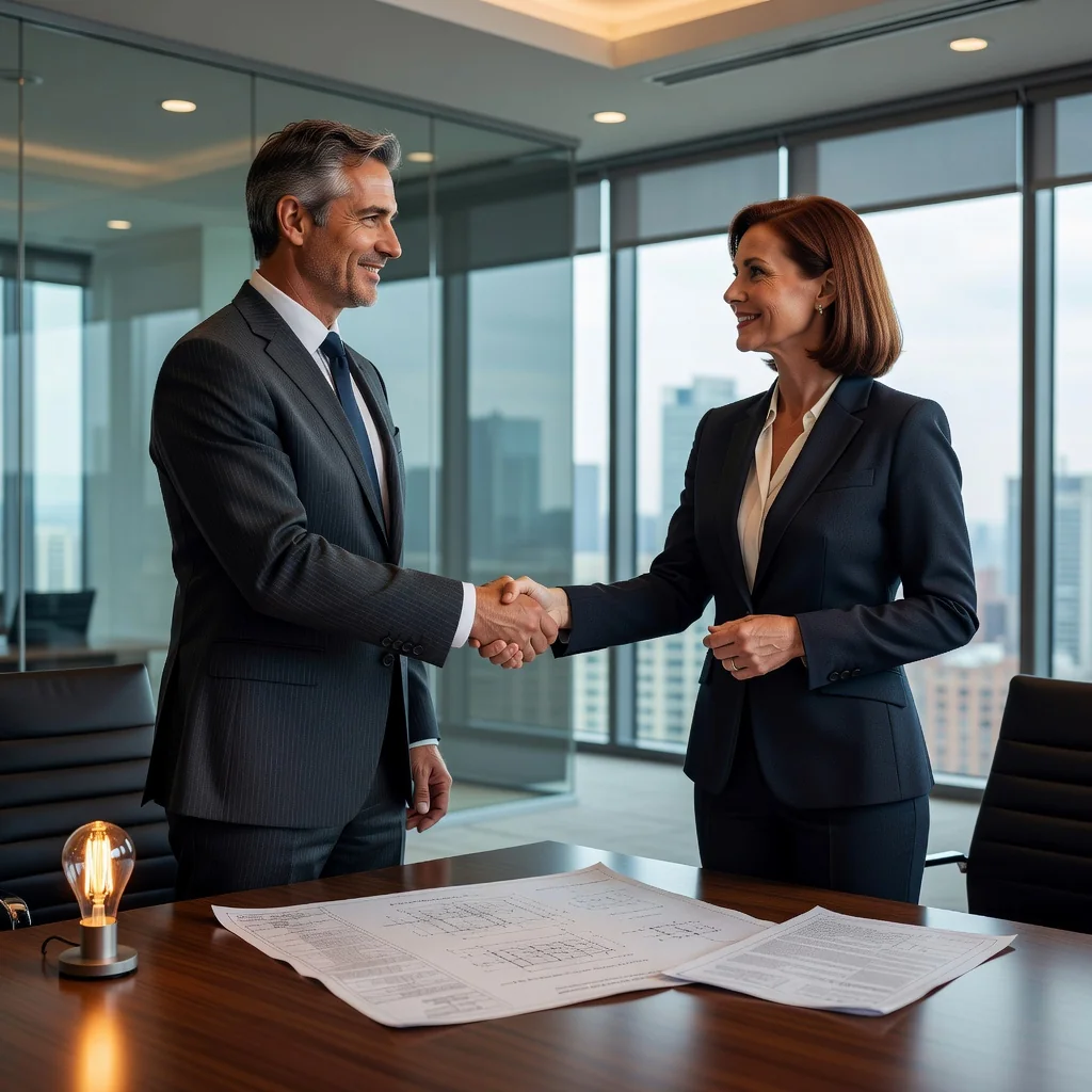 A professional business meeting between two adults, one handing over a symbolic key or briefcase to the other, representing the transfer of intellectual property rights, in a modern office setting with a city skyline in the background, conveying trust and strategic partnership.