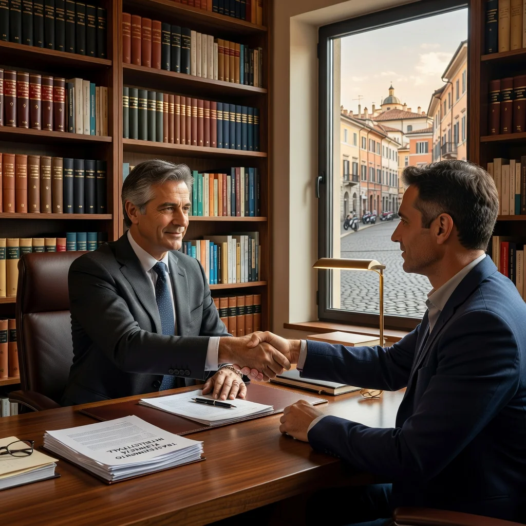 A professional business meeting in a modern Italian office, where a lawyer and a client are shaking hands over a deal involving intellectual property transfer, symbolizing the essence of an IP assignment contract in Italy. The atmosphere is formal and confident, with subtle Italian elements like a flag or architecture in the background.