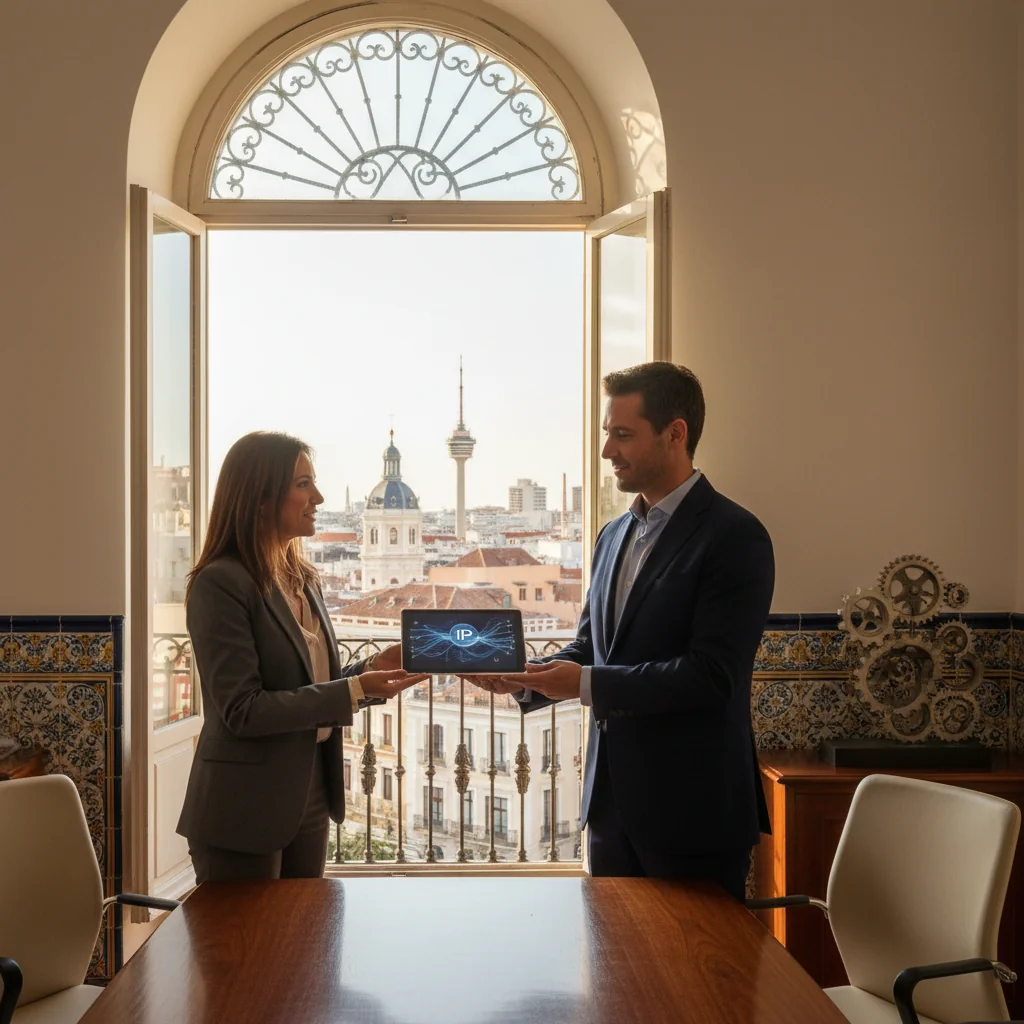 A photorealistic image representing the transfer of intellectual property rights in Spain, showing a professional business meeting between two adults in a modern office, one handing over a symbolic key or digital tablet to the other, with Spanish flag elements in the background, conveying trust and agreement without depicting any legal documents.