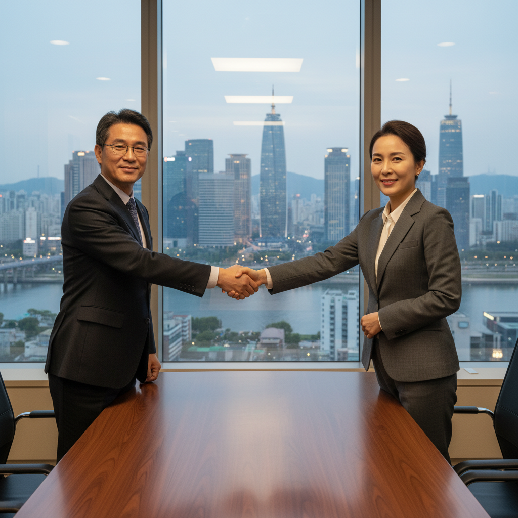 A photorealistic image of two professional adults in a modern Korean office setting, shaking hands over a conference table to symbolize the transfer of intellectual property rights, with subtle Korean cultural elements like a cityscape view of Seoul in the background, conveying trust and business agreement without showing any documents.