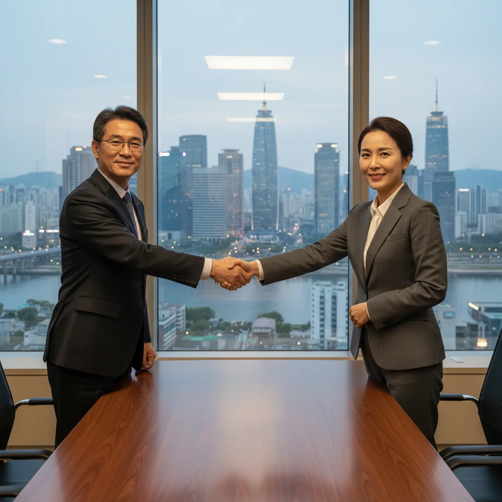 A photorealistic image of two professional adults in a modern Korean office setting, shaking hands over a conference table to symbolize the transfer of intellectual property rights, with subtle Korean cultural elements like a cityscape view of Seoul in the background, conveying trust and business agreement without showing any documents.