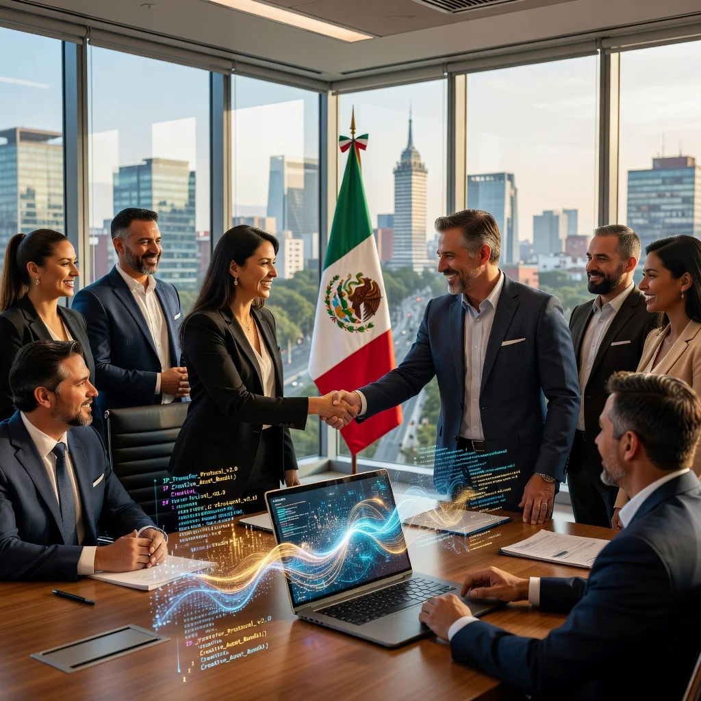 A professional scene representing the transfer of intellectual property rights in Mexico, featuring a diverse group of adult Mexican professionals in a modern office setting, shaking hands over a laptop displaying creative digital assets like software code or artwork, with subtle Mexican cultural elements in the background such as a flag or city skyline, conveying collaboration and legal agreement without showing any documents.