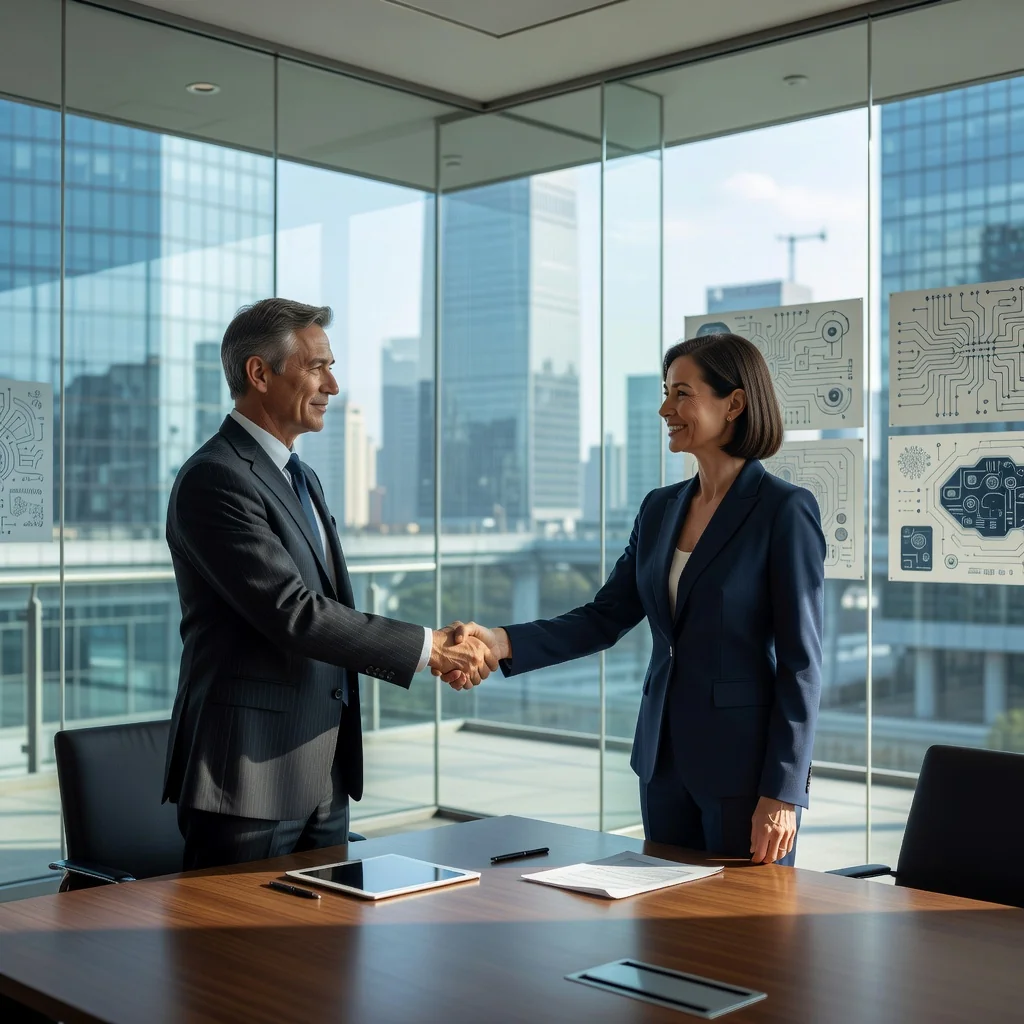 A photorealistic image of two professional adults, a man and a woman in business attire, shaking hands across a modern conference table in a sleek office setting, symbolizing the successful transfer of intellectual property rights in a Chinese business context, with subtle Chinese architectural elements in the background like a city skyline view, conveying trust, agreement, and innovation without showing any legal documents.