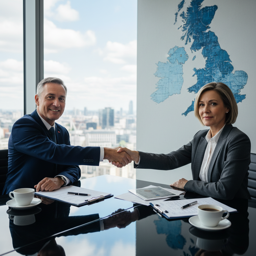 A photorealistic image of two professional adults in a modern office setting, shaking hands over a conference table with subtle UK flags in the background, symbolizing a successful intellectual property agreement without any legal documents visible. No children are present.