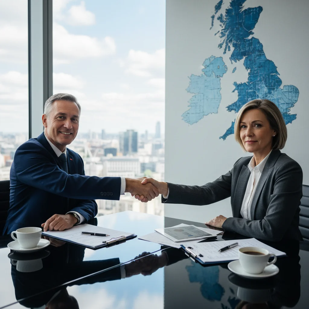 A photorealistic image of two professional adults in a modern office setting, shaking hands over a conference table with subtle UK flags in the background, symbolizing a successful intellectual property agreement without any legal documents visible. No children are present.
