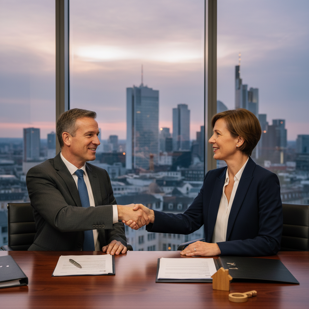 A photorealistic image of two adult professionals, a man and a woman in business attire, shaking hands across a desk in a modern lawyer's office, symbolizing the agreement and transfer of property ownership in Germany. The background includes subtle German elements like a flag or map, but no documents or text are visible. No children are present.
