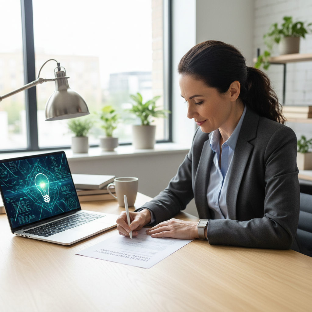 A photorealistic image of a professional adult in a modern office setting, signing a document with a confident expression, symbolizing the transfer of intellectual property rights, with subtle creative elements like a laptop displaying digital art in the background, no children present.