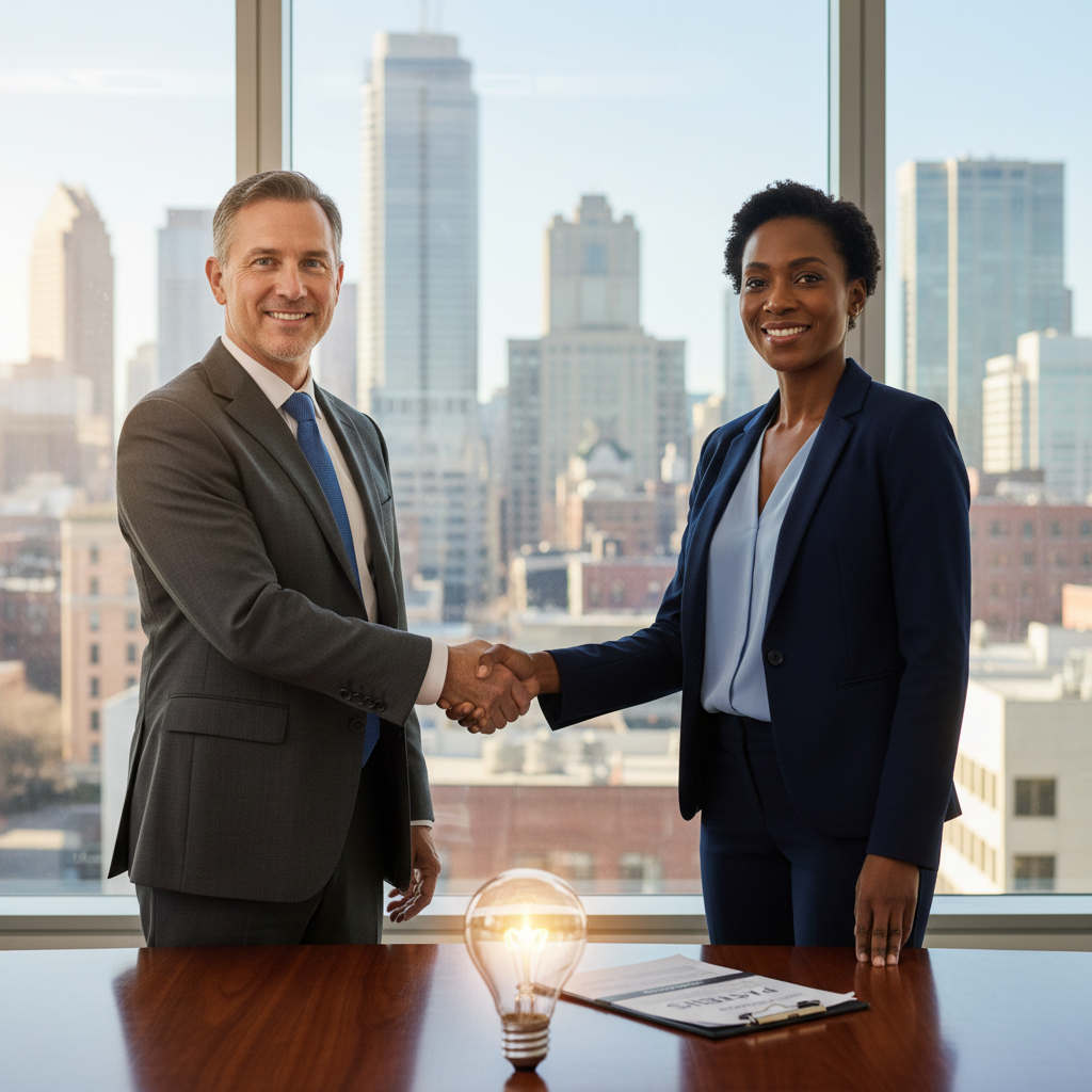 A photorealistic image symbolizing the transfer of intellectual property rights in a professional US business context, showing two adult business professionals in a modern office shaking hands over a conference table with subtle icons of innovation like a lightbulb and patent symbols in the background, representing agreement and collaboration without displaying any legal documents.