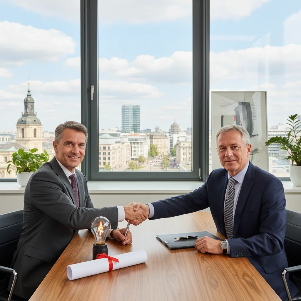 A photorealistic image of two professional adults, such as a lawyer and an inventor, shaking hands in a modern German office with subtle intellectual property symbols like a lightbulb or patent blueprint in the background, conveying the transfer of intellectual property rights.