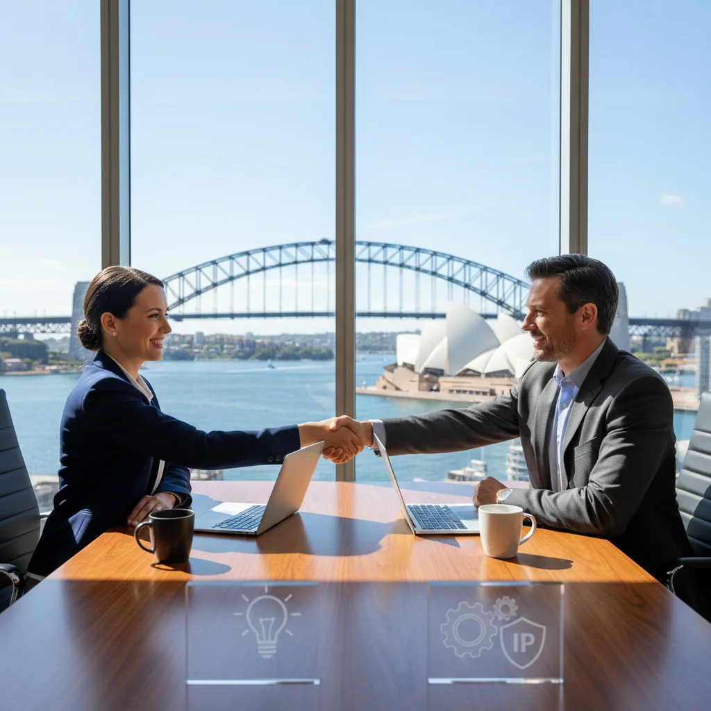 A photorealistic image of two professionals in a modern Australian office, shaking hands over a desk with a scenic view of Sydney Harbour in the background, symbolizing the agreement and transfer of intellectual property rights in a business context. No children are present.