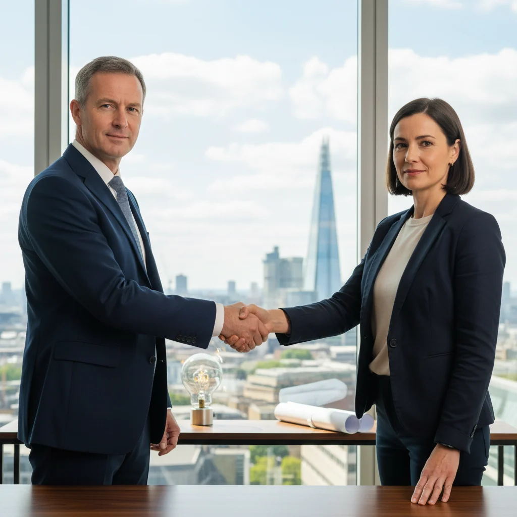 A photorealistic image of two professional adults, a business owner and an inventor, shaking hands in a modern UK office setting, symbolizing the transfer of intellectual property rights, with subtle elements like a lightbulb icon or blueprint in the background, conveying trust and agreement without showing any legal documents.