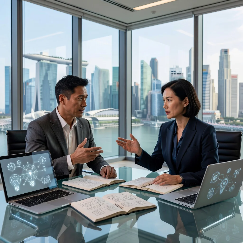 A photorealistic image representing the assignment of intellectual property rights in Singapore, showing a professional business meeting in a modern Singapore office with adults discussing ideas over a table with sketches and laptops, symbolizing the transfer of creative ownership, no children present.