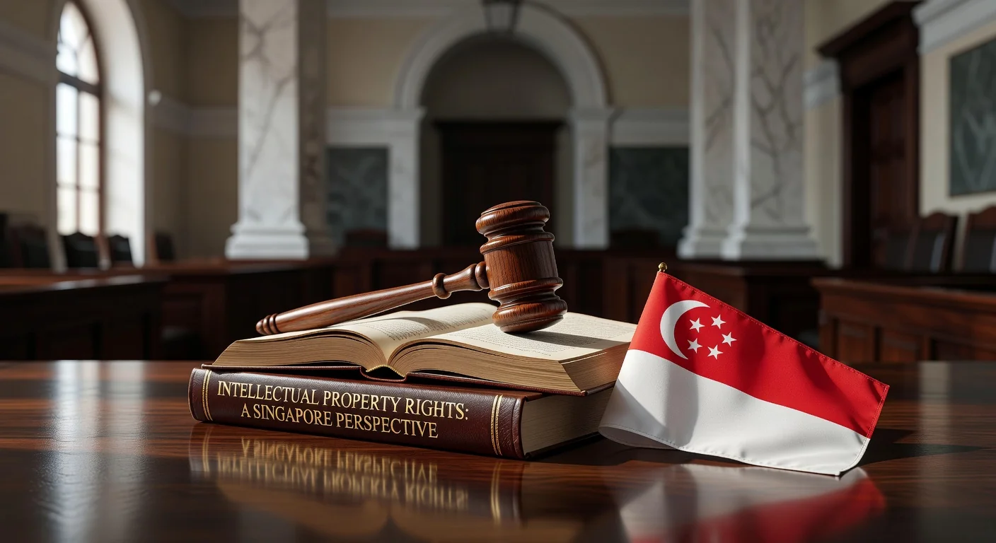 Gavel and Singapore flag in courtroom