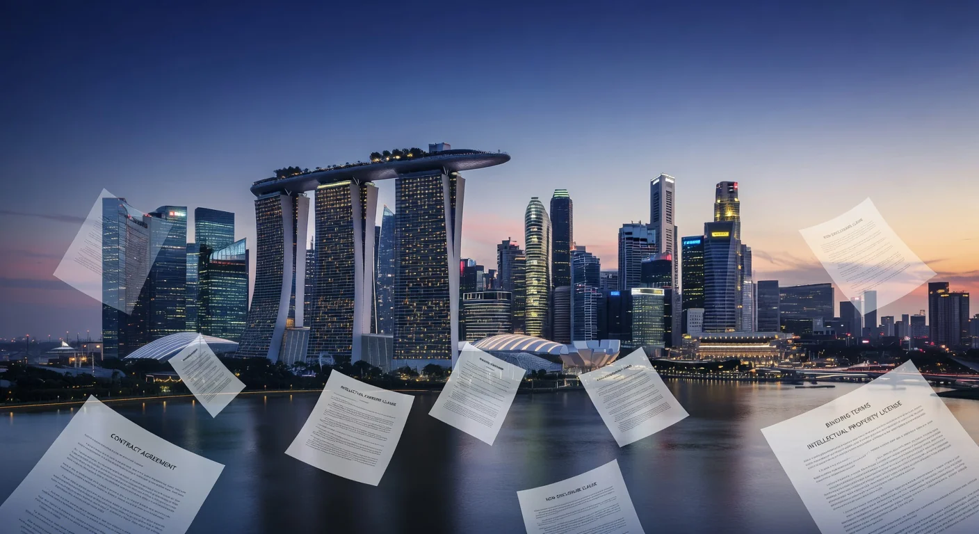 Singapore skyline with legal documents
