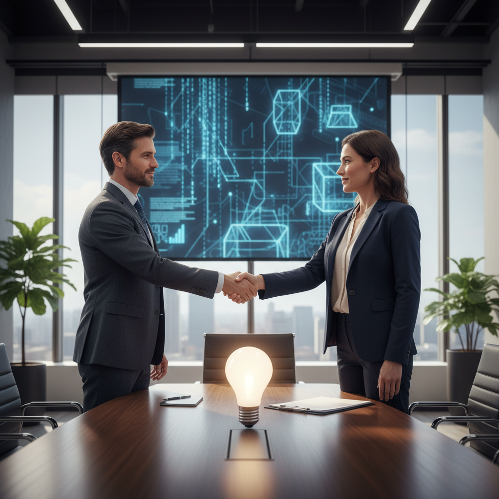 A professional handshake between two businesspeople in a modern office, symbolizing the transfer of intellectual property rights, with elements like a lightbulb or innovation icons subtly in the background, photorealistic style, no children present.