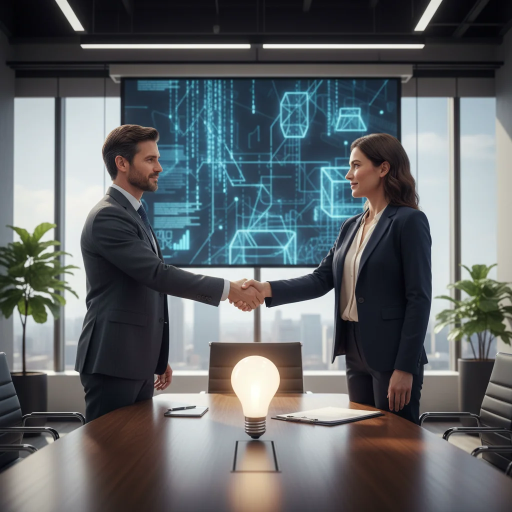 A professional handshake between two businesspeople in a modern office, symbolizing the transfer of intellectual property rights, with elements like a lightbulb or innovation icons subtly in the background, photorealistic style, no children present.