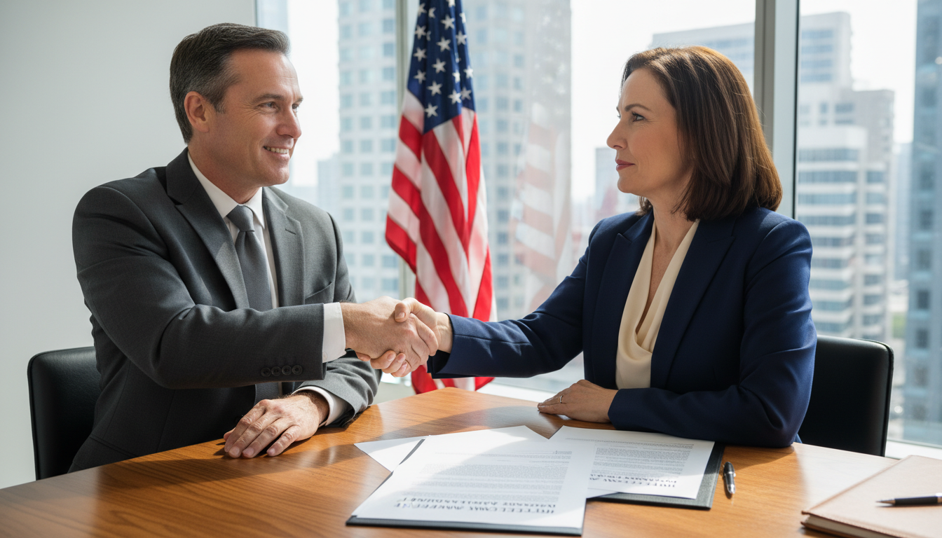 Business professionals signing IP agreement