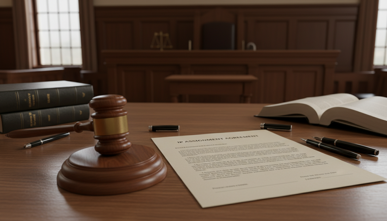 Gavel and IP contract on courtroom desk