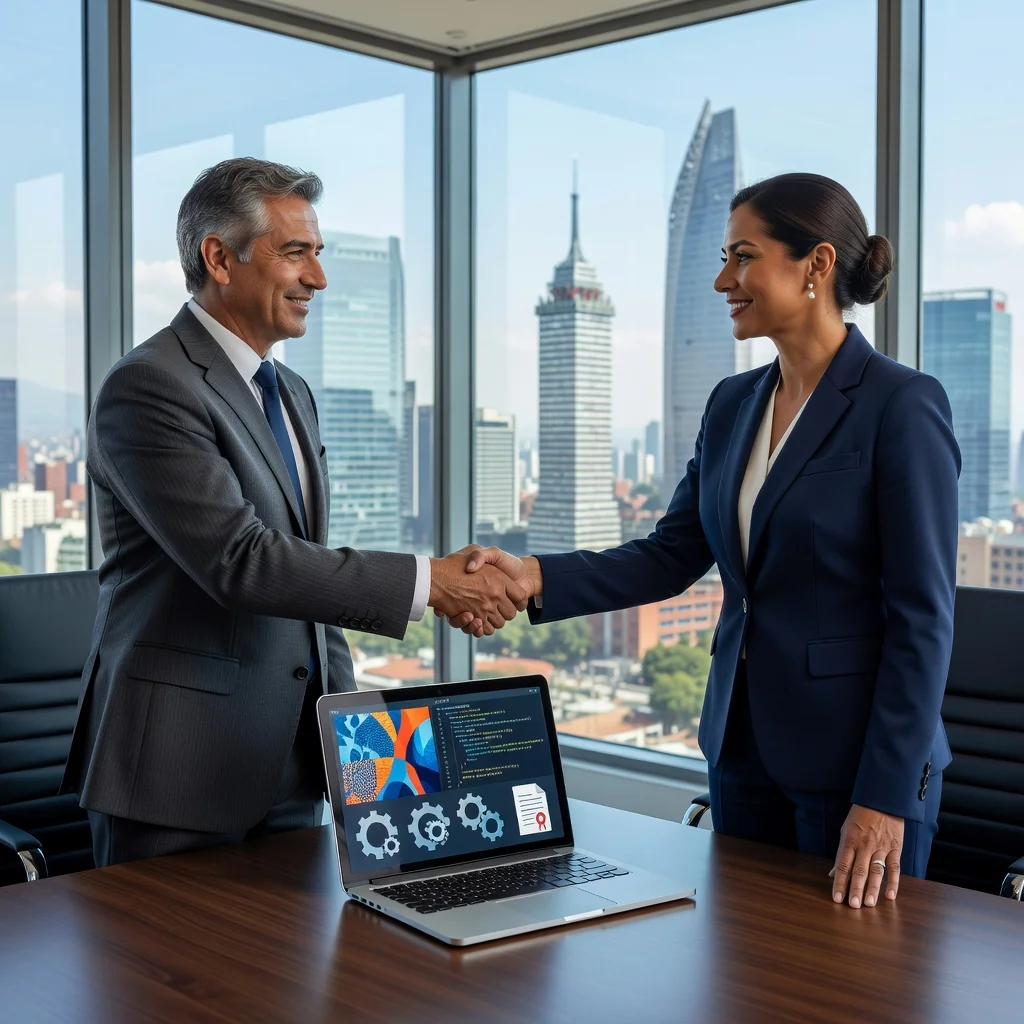 A photorealistic image representing the transfer of intellectual property rights in Mexico, showing a professional business meeting in a modern office in Mexico City with adults shaking hands over a laptop displaying creative digital assets like software code and designs, symbolizing the legal assignment of IP rights, no children present, highly detailed and realistic photography style.