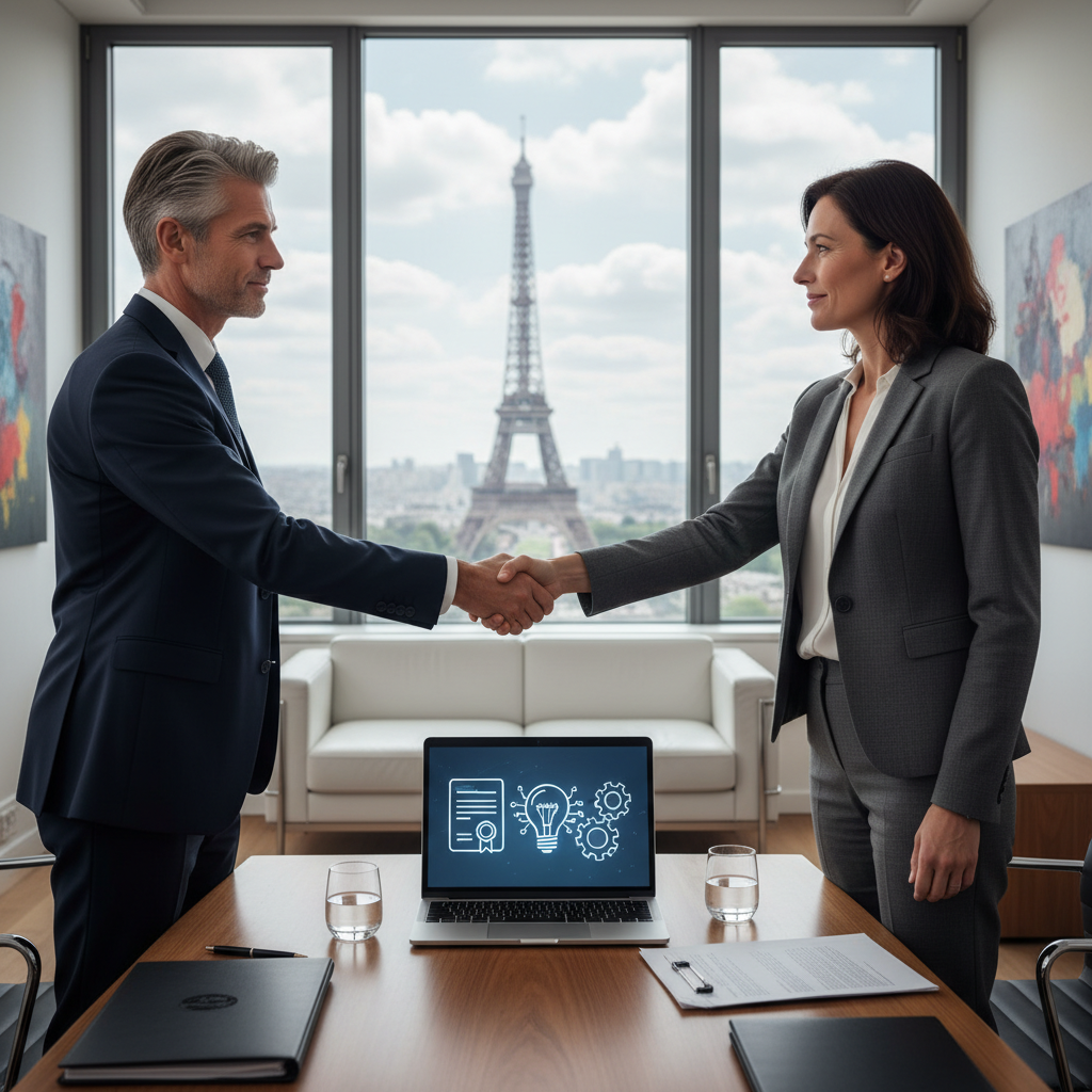 A photorealistic image symbolizing the transfer of intellectual property rights in France, showing a professional business meeting in a modern French office where two adults are shaking hands over a laptop displaying abstract digital innovation icons like lightbulbs and gears, with the Eiffel Tower visible through a window in the background to evoke France, no children present.