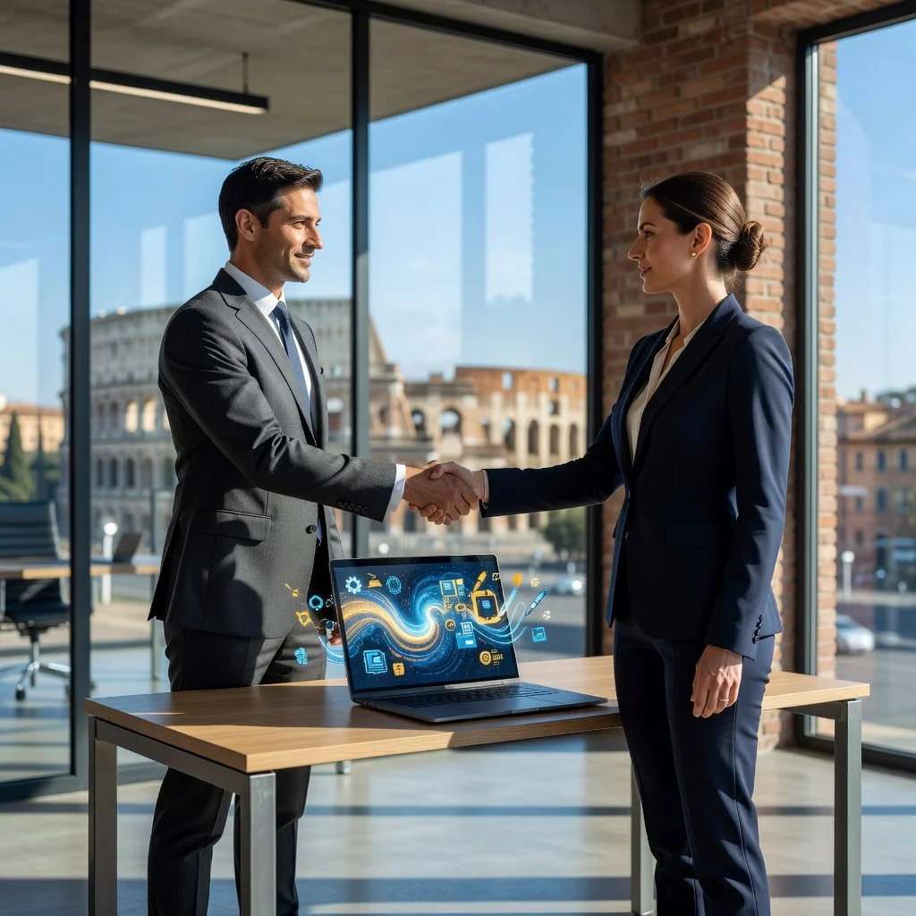 A professional scene representing intellectual property transfer in Italy: two business professionals in a modern office in Rome, shaking hands over a laptop displaying digital creative assets like software code or design sketches, with subtle Italian landmarks visible through the window, conveying agreement and innovation without focusing on documents.