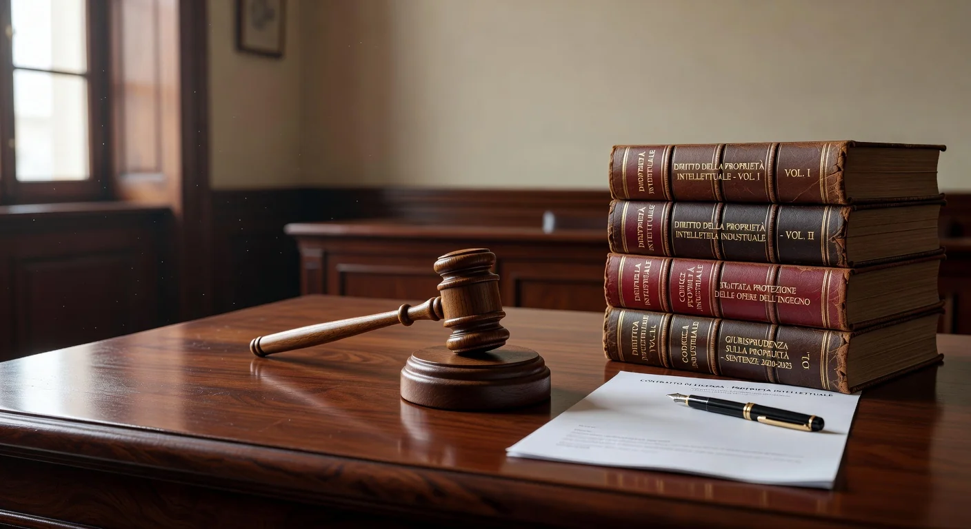 Gavel and Italian legal books on desk