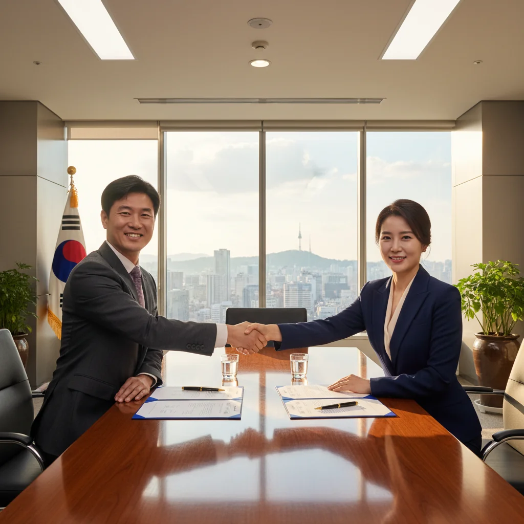 A photorealistic image of two professional adults, a lawyer and a business owner, shaking hands in a modern South Korean office, symbolizing the agreement and transfer of intellectual property rights, with subtle South Korean elements like a city skyline view.